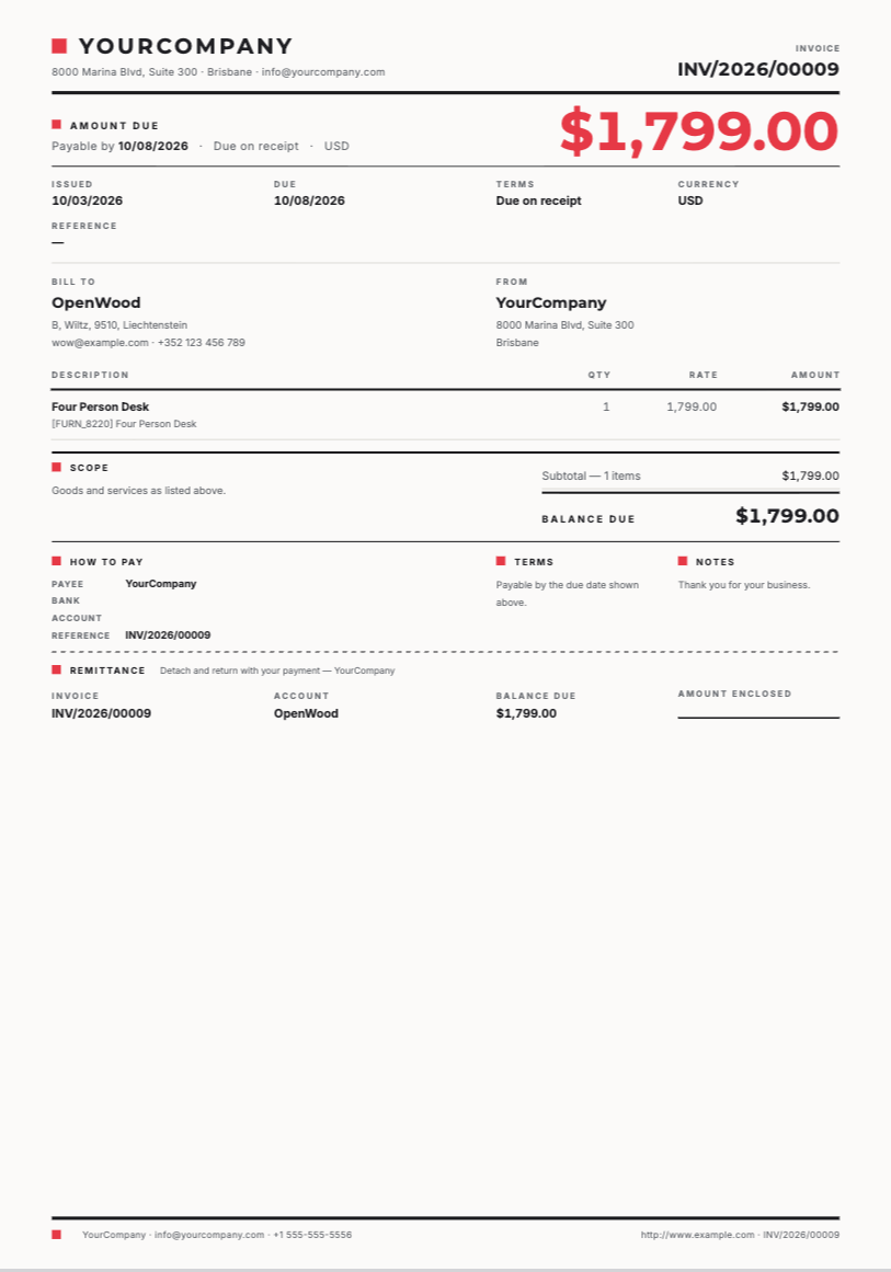 A customer invoice rendered by pdfs.build, generated from a real Odoo invoice