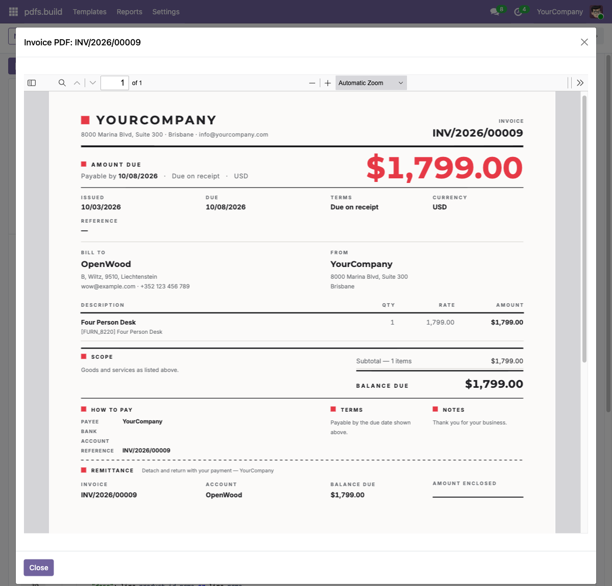 A rendered invoice PDF open in a dialog inside Odoo, generated by pdfs.build from a real invoice record