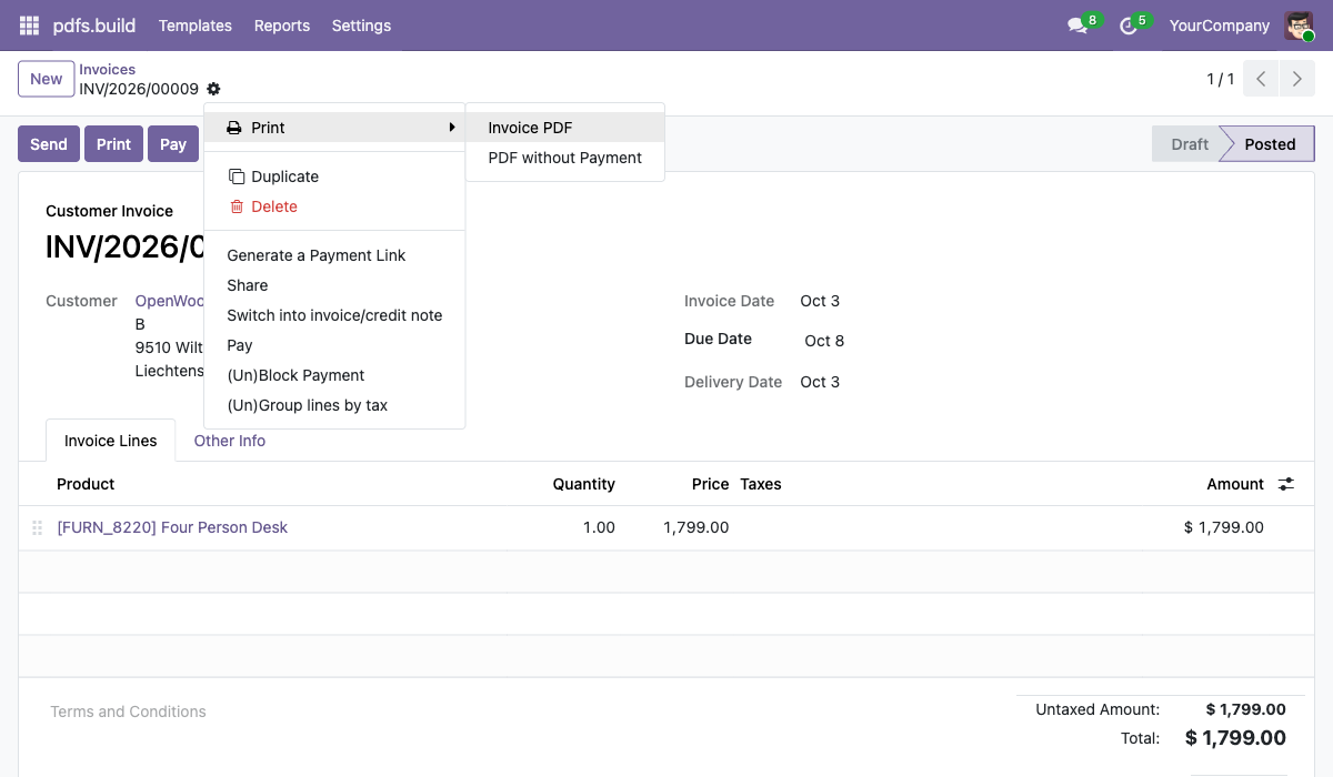 The Print menu of an Odoo invoice with the pdfs.build report listed next to the standard options