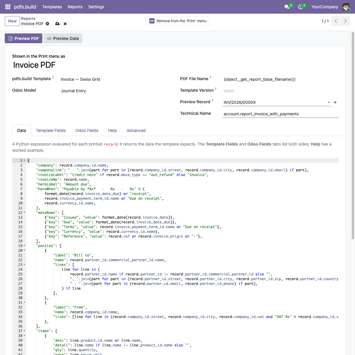 Odoo report form showing the Python data expression that maps an invoice to the template's fields, next to the Template Fields tab
