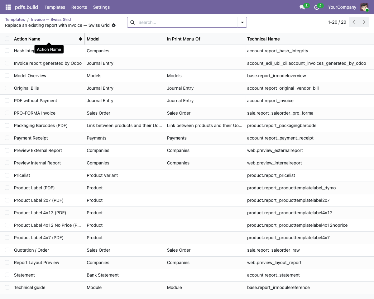 Odoo dialog listing existing PDF reports, with the customer invoice report selected to be replaced by a pdfs.build template
