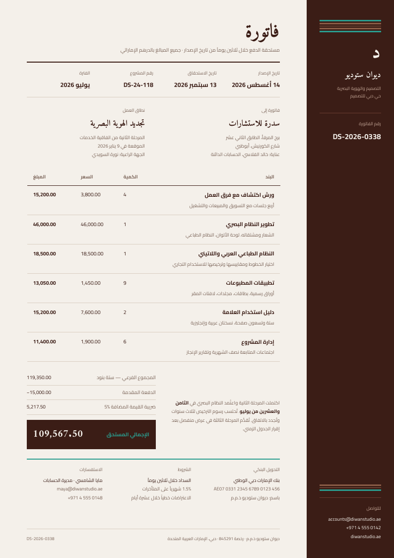 Sadu Rail — arabic invoice template, Side rail layout, rendered from live data