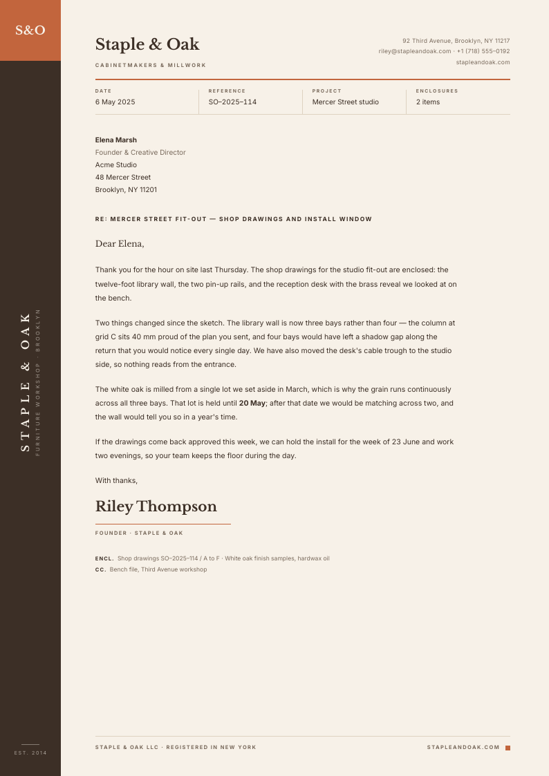 Oak Spine — letterhead template, Side rail layout, rendered from live data