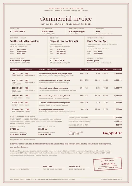 Border Stamp — Commercial invoice template, Framed ceremonial layout, rendered from live data