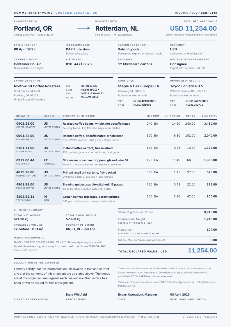Customs Grid — commercial invoice template, Swiss grid layout, rendered from live data