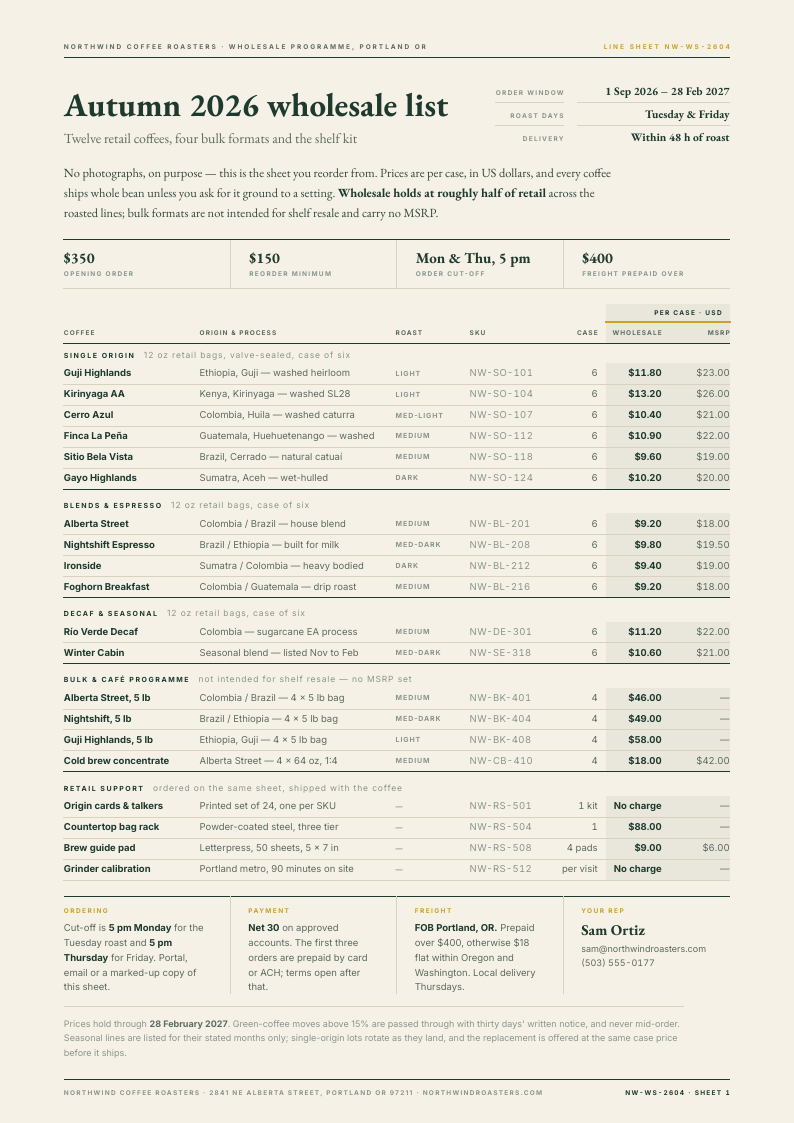 Line List — product line sheet template, Minimal, type-led layout, rendered from live data