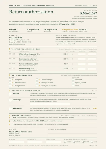 Quiet Return — Return form template, Minimal, type-led layout, rendered from live data