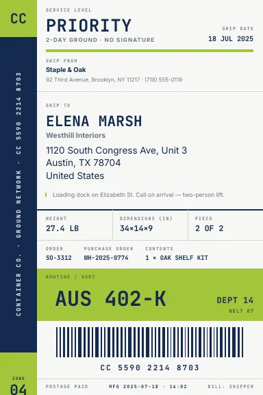 Barcode Rail — Shipping label template, Side rail layout, rendered from live data