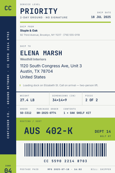 Barcode Rail — shipping label template, Side rail layout, rendered from live data
