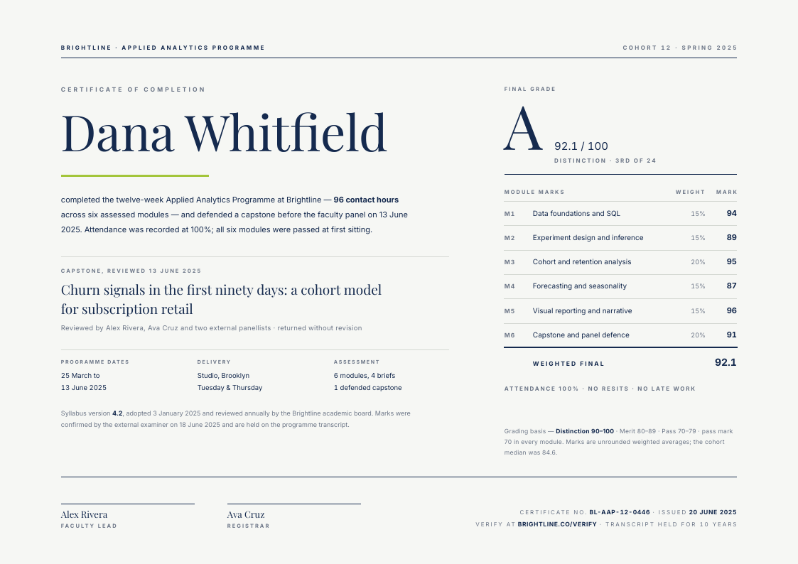 Transcript Rule — certificate template, Minimal, type-led layout, rendered from live data
