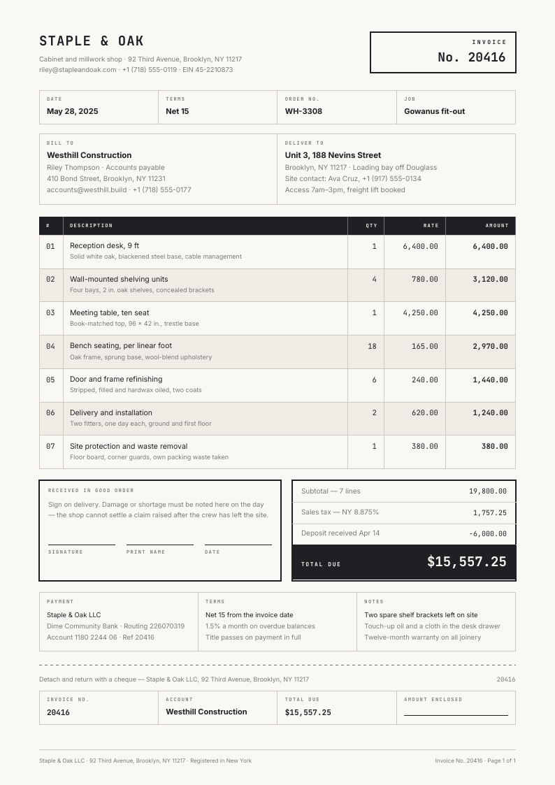 Carbon Copy — invoice template, Boxed form planner layout, rendered from live data