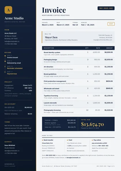 Ledger Rail — Invoice template, Side rail layout, rendered from live data