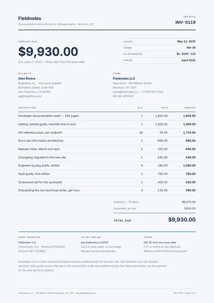Quiet Slip — Invoice template, Minimal, type-led layout, rendered from live data
