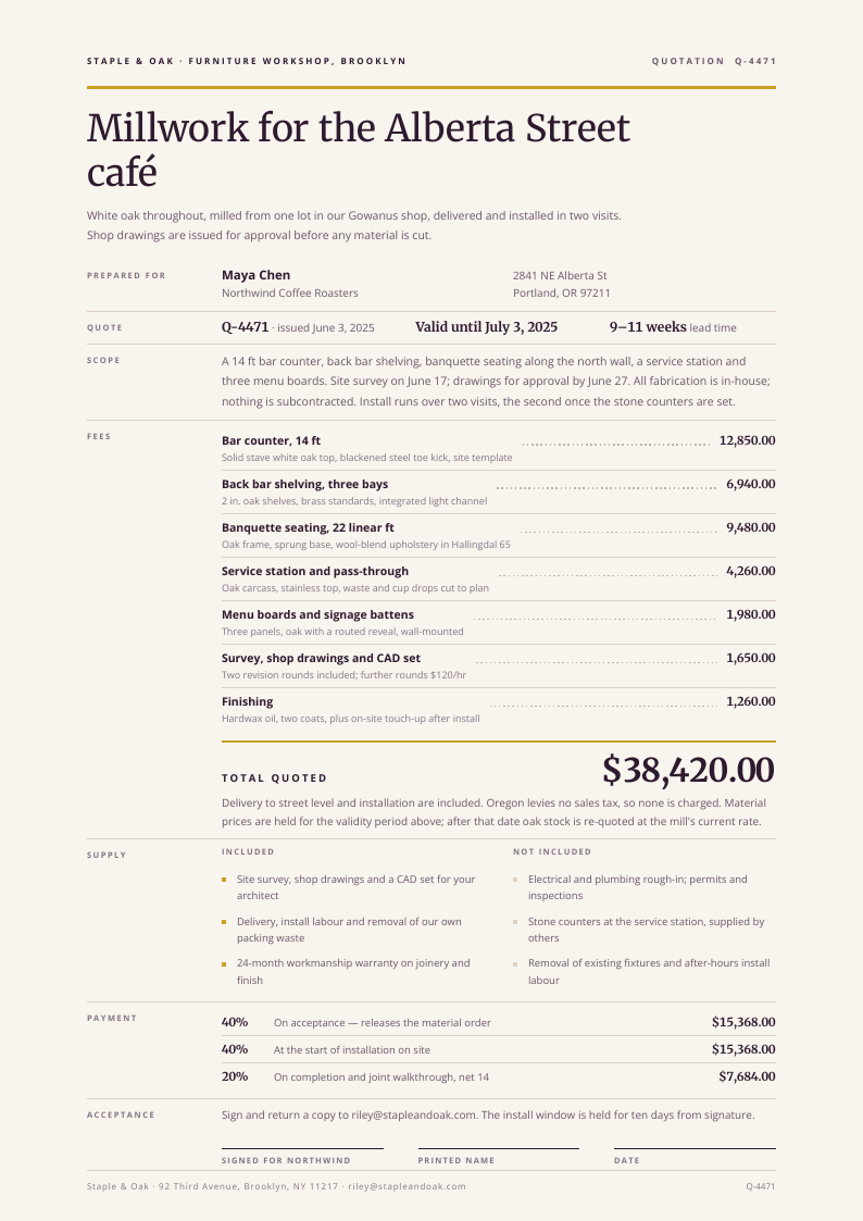 Plumb Line — price quote template, Minimal, type-led layout, rendered from live data