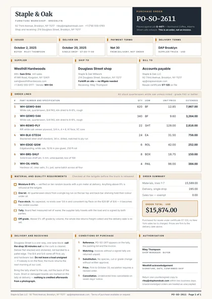 Boxed Docket — Purchase order template, Boxed form planner layout, rendered from live data