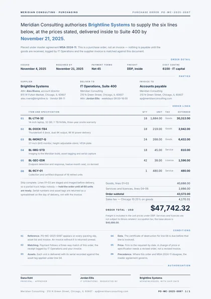 Steel Measure — Purchase order template, Minimal, type-led layout, rendered from live data
