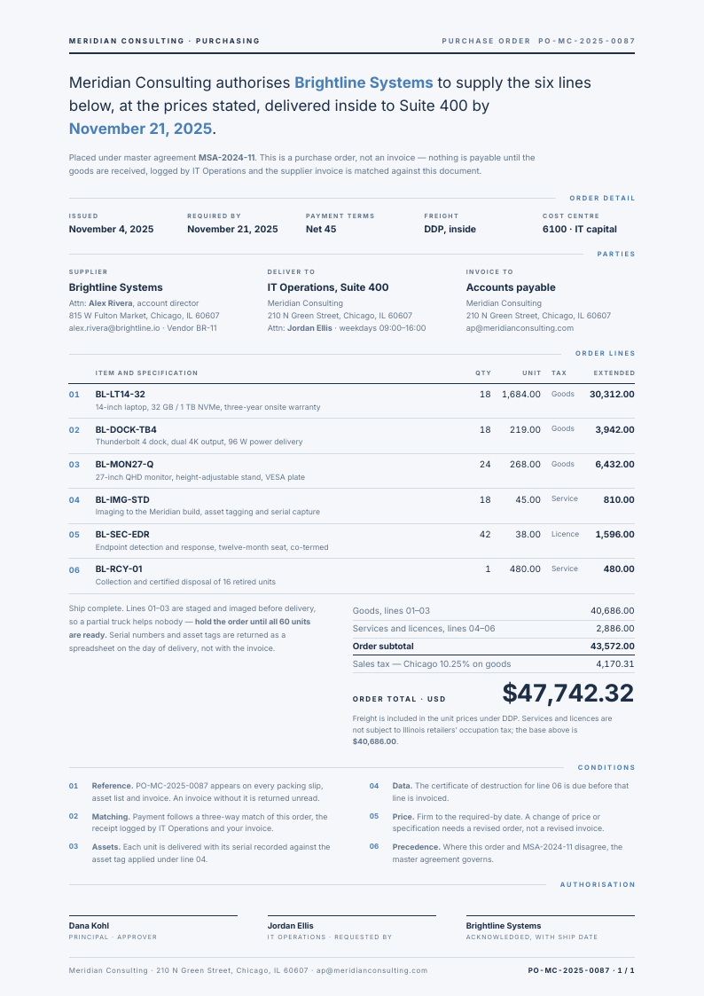 Steel Measure — purchase order template, Minimal, type-led layout, rendered from live data