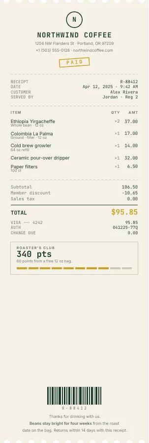 Thermal Ticket — Receipt template, Perforated ticket layout, rendered from live data