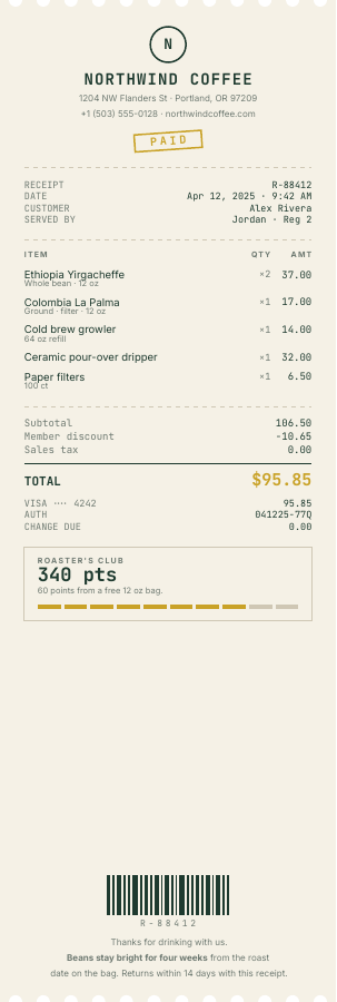 Thermal Ticket — receipt template, Perforated ticket layout, rendered from live data