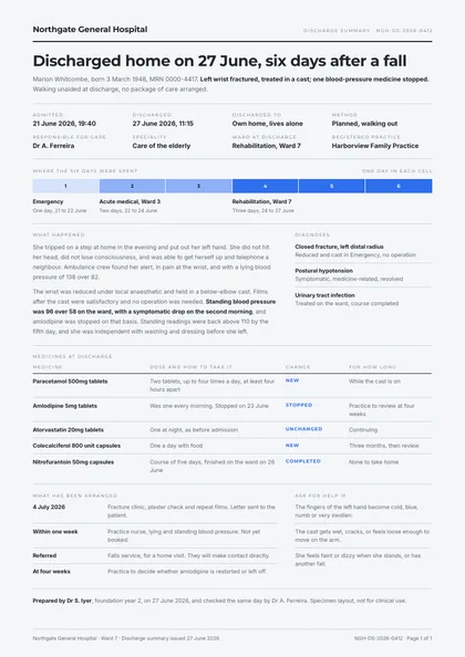 Discharge Record — Discharge summary template, Swiss grid layout, rendered from live data