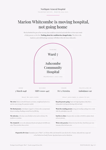 Transfer Notice — Discharge summary template, Organic arches layout, rendered from live data