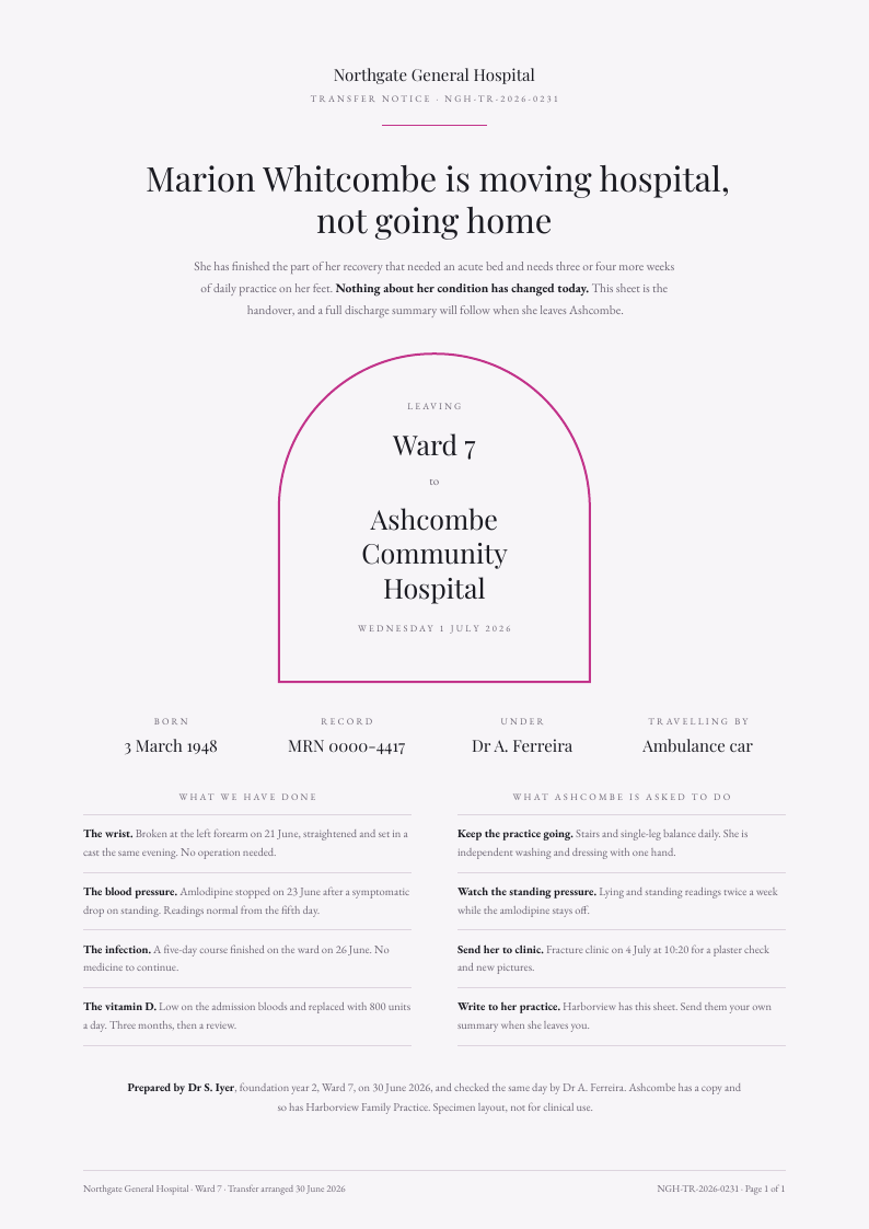 Transfer Notice — discharge summary template, Organic arches layout, rendered from live data
