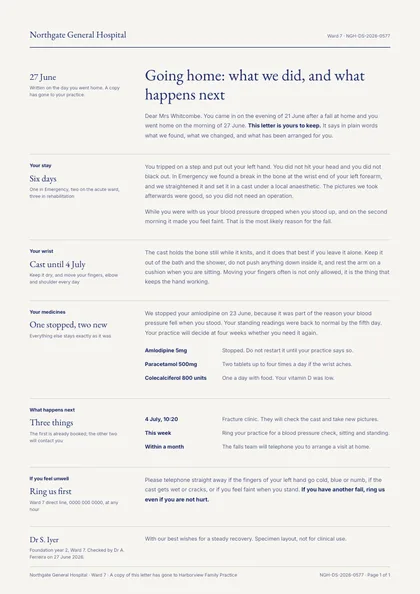 Ward Margin — Discharge summary template, Minimal, type-led layout, rendered from live data