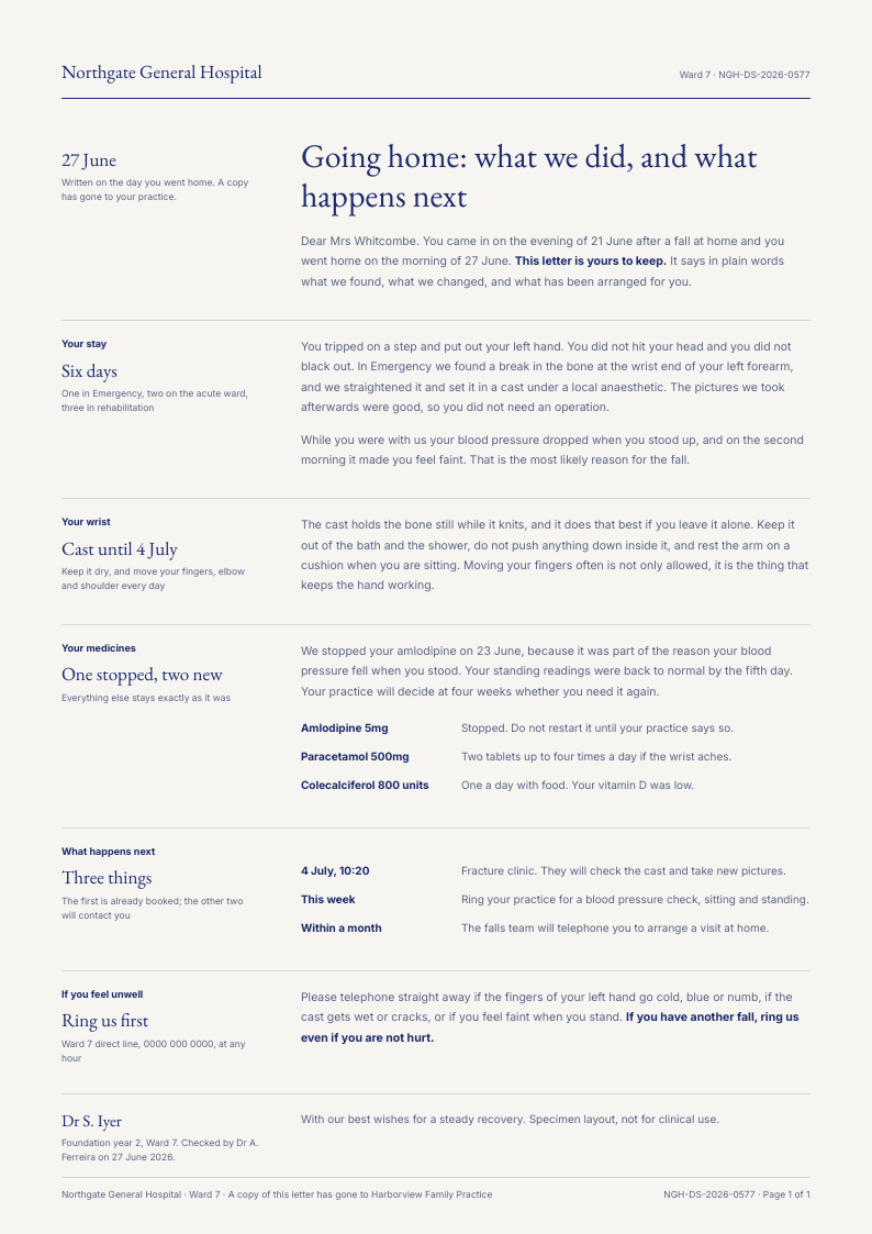 Ward Margin — discharge summary template, Minimal, type-led layout, rendered from live data