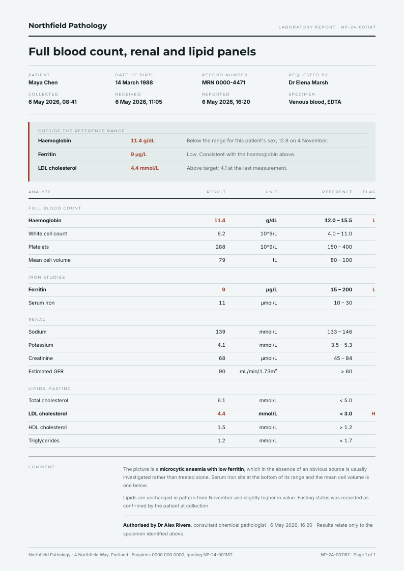 Panel Grid — lab results template, Swiss grid layout, rendered from live data