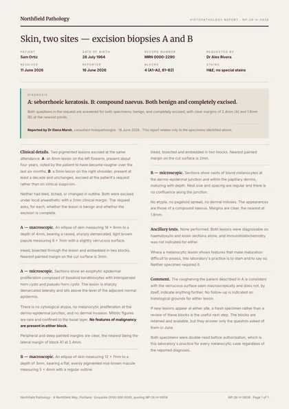 Specimen Report — Lab results template, Editorial serif layout, rendered from live data