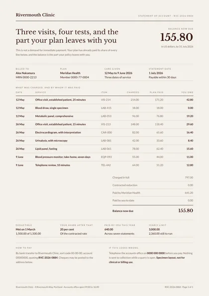 Care Ledger — Medical invoice template, Minimal, type-led layout, rendered from live data