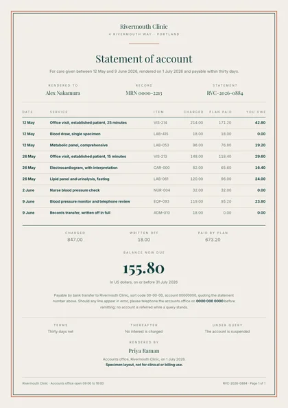 Statement Formal — Medical invoice template, Framed ceremonial layout, rendered from live data