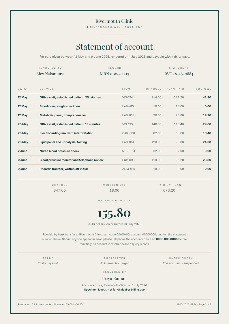 Statement Formal — medical invoice template, Framed ceremonial layout, rendered from live data