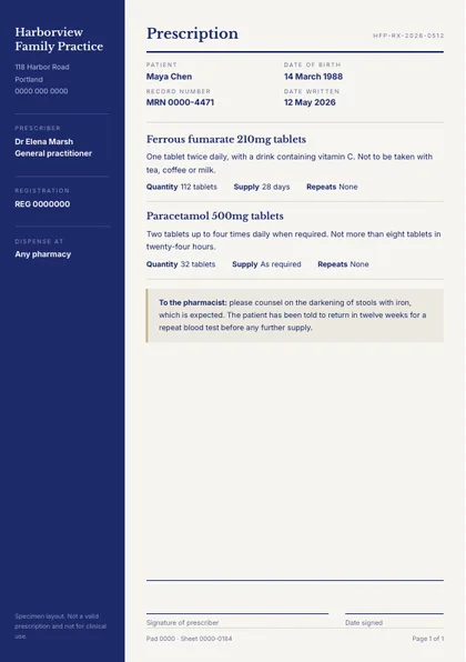 Clinic Pad — Prescription template, Side rail layout, rendered from live data