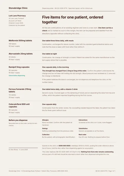 Dispense Order — Prescription template, Minimal, type-led layout, rendered from live data
