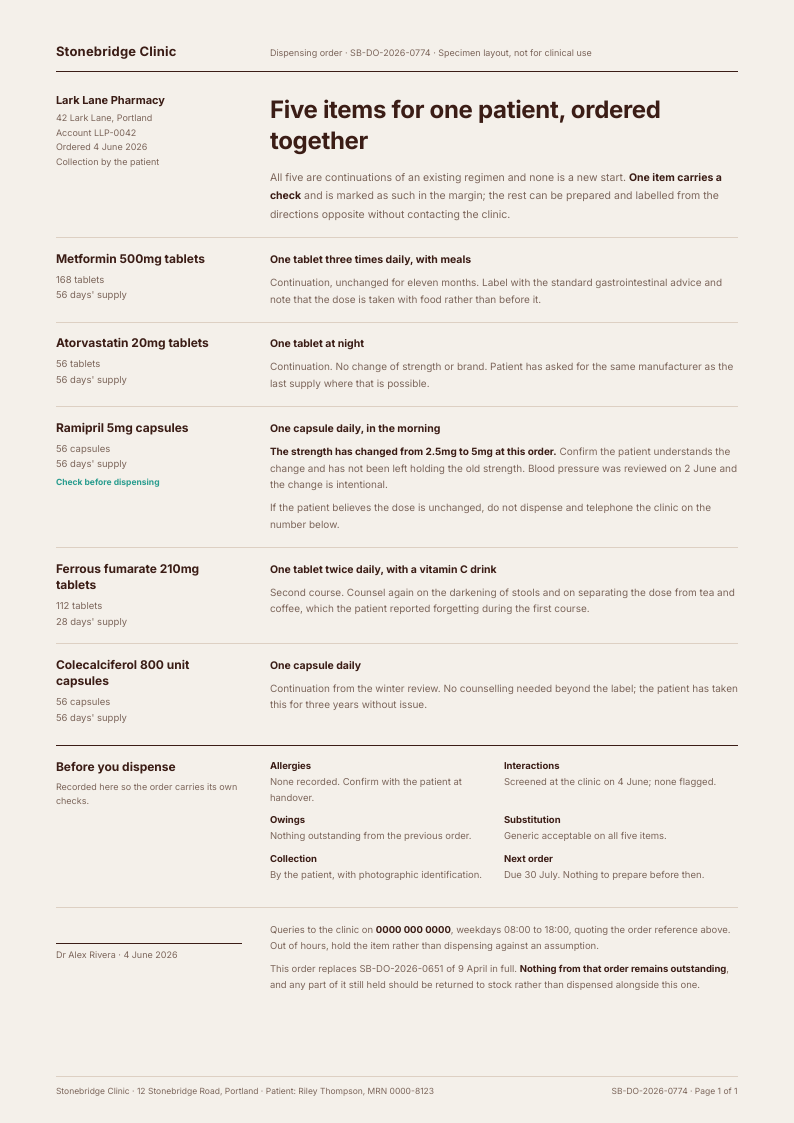 Dispense Order — prescription template, Minimal, type-led layout, rendered from live data