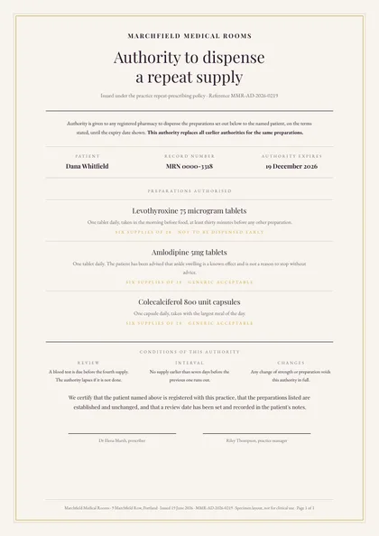 Script Formal — Prescription template, Framed ceremonial layout, rendered from live data