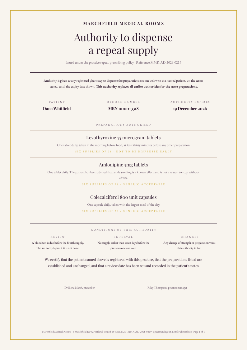 Script Formal — prescription template, Framed ceremonial layout, rendered from live data