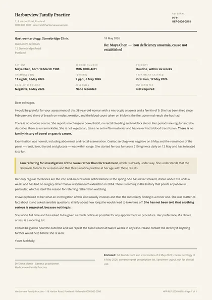 Consult Letter — Referral letter template, Editorial serif layout, rendered from live data