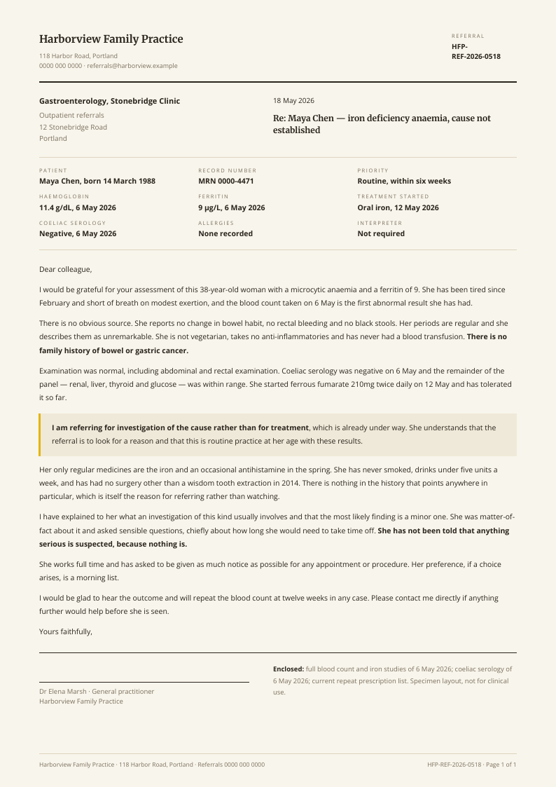 Consult Letter — referral letter template, Editorial serif layout, rendered from live data