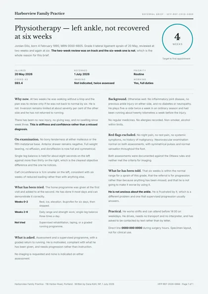 Referral Brief — Referral letter template, Two-column magazine layout, rendered from live data