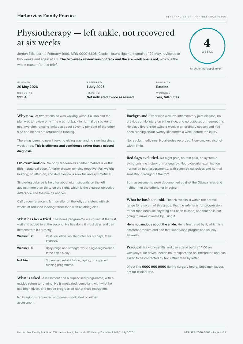 Referral Brief — referral letter template, Two-column magazine layout, rendered from live data