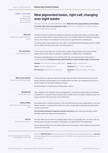 Urgent Margin — Referral letter template, Minimal, type-led layout, rendered from live data