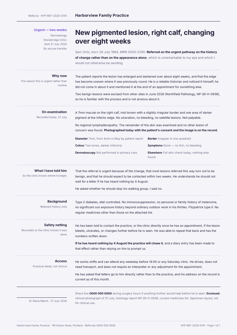 Urgent Margin — referral letter template, Minimal, type-led layout, rendered from live data