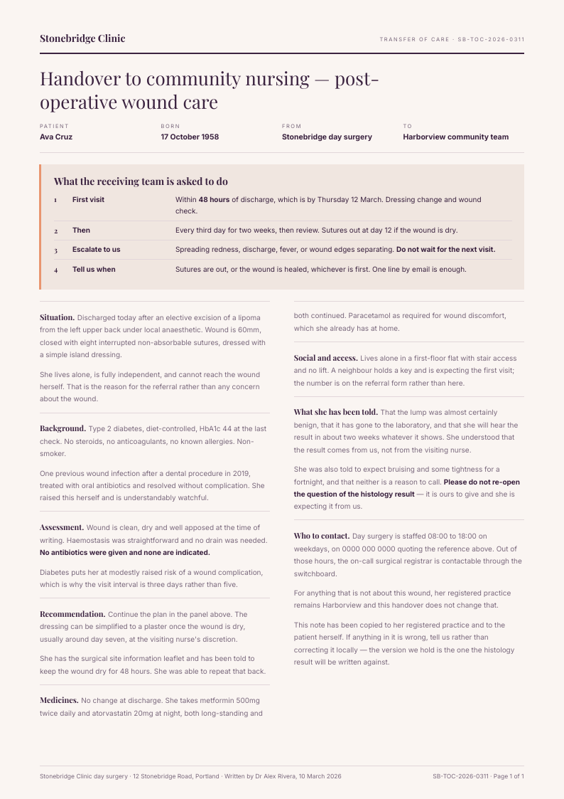 Care Handoff — visit summary template, Two-column magazine layout, rendered from live data