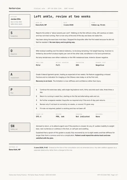 Soap Note — Visit summary template, Boxed form planner layout, rendered from live data