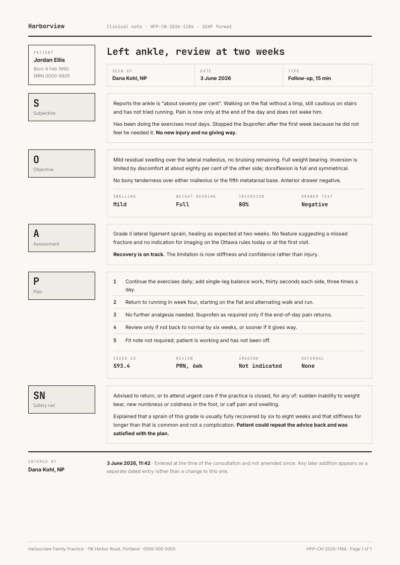 Soap Note — visit summary template, Boxed form planner layout, rendered from live data