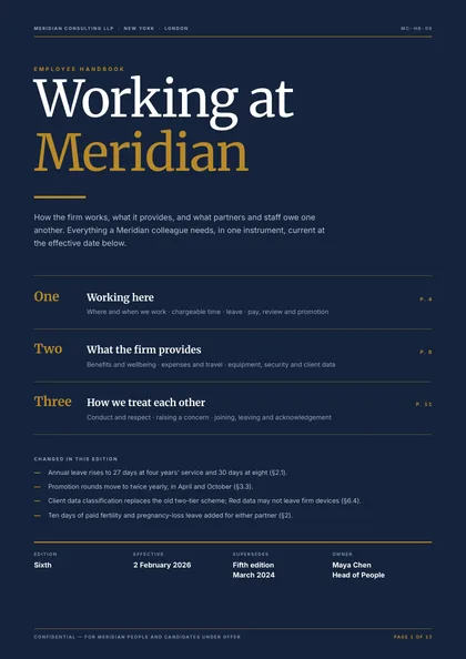 Brass Chapter — Employee handbook template, Full-bleed hero layout, rendered from live data