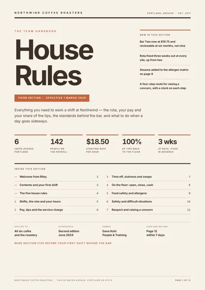Counter Column — Employee handbook template, Two-column magazine layout, rendered from live data
