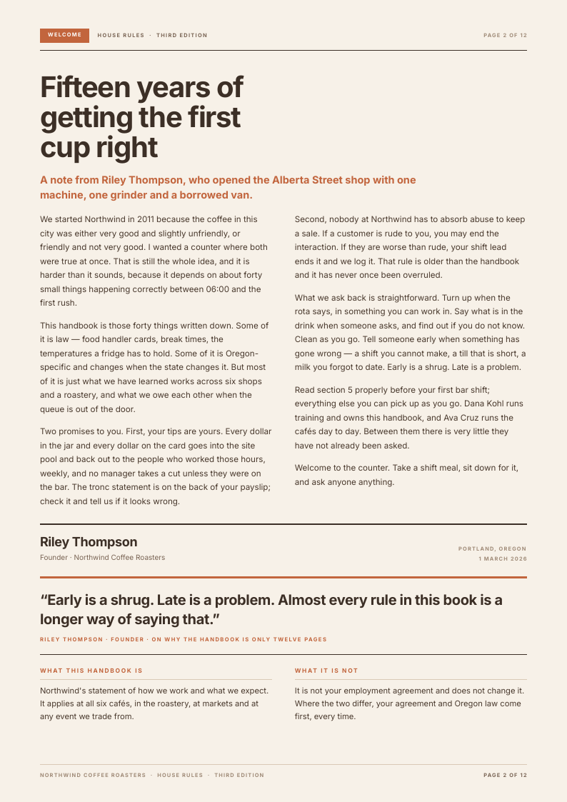 Counter Column employee handbook template, page 2 of 12